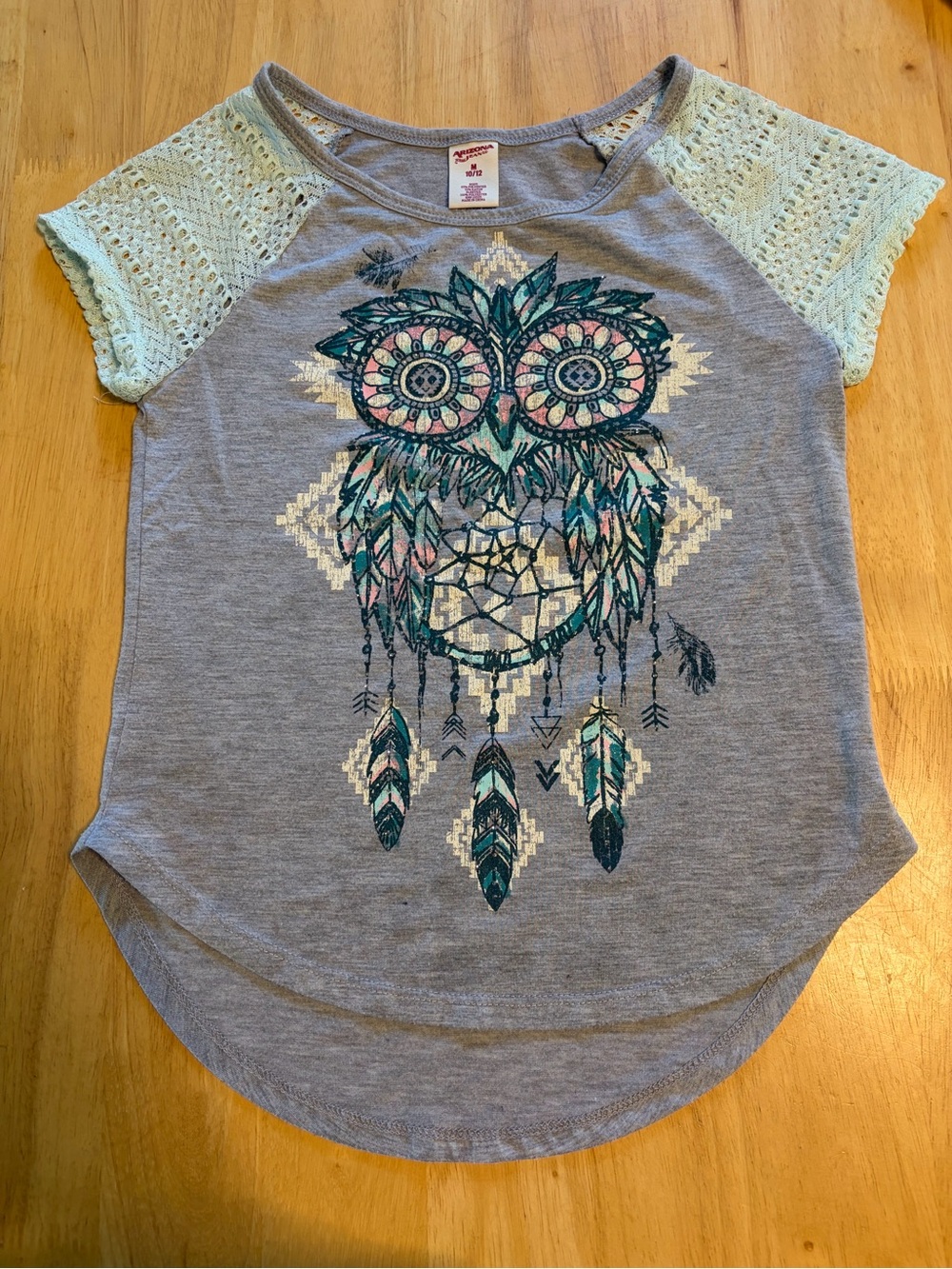 Arizona Jean Company Grey Tee with Mint Crochet Sleeves and Owl Dreamcatcher